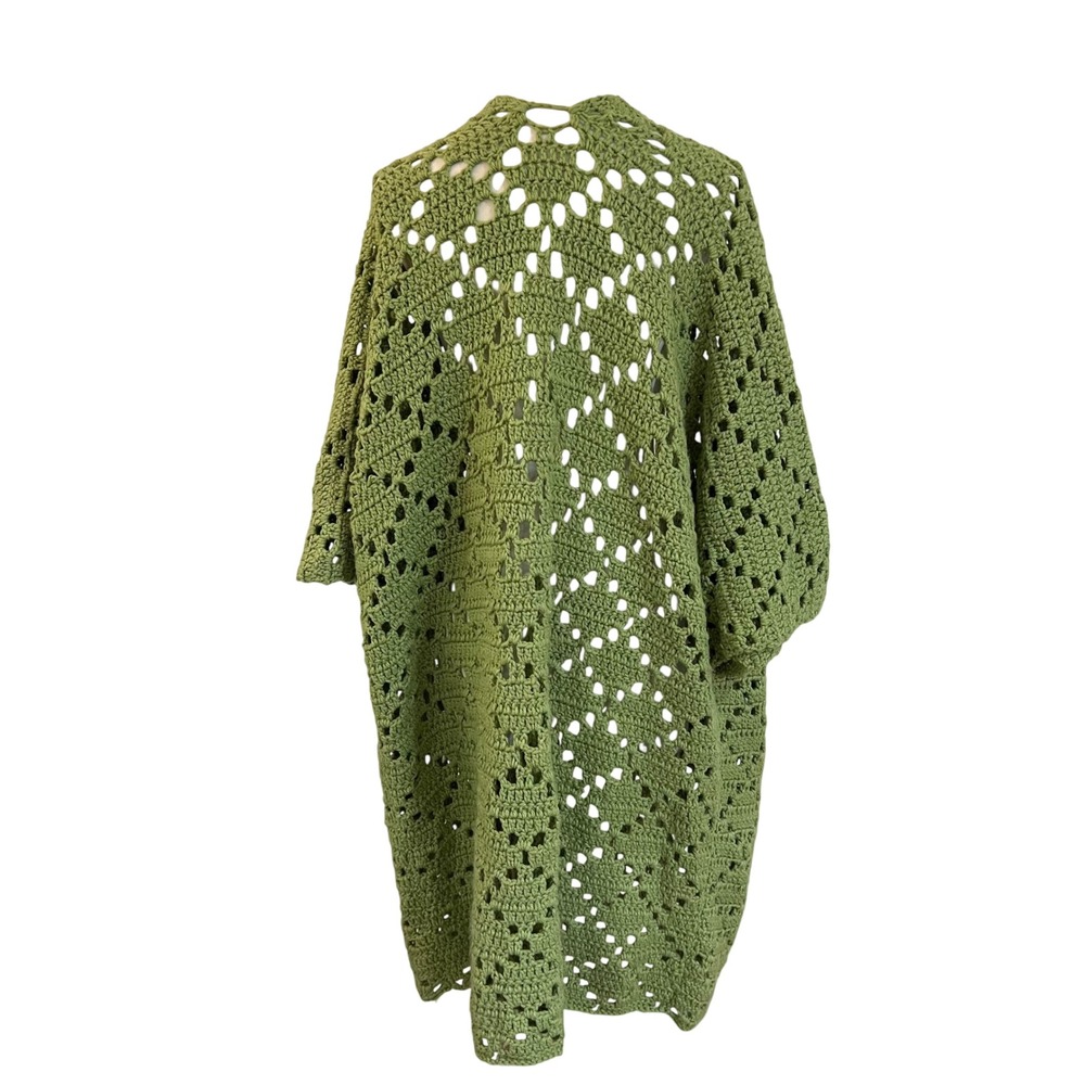 Vintage Green Handmade Crochet Knit Cardigan Kimono Boho Duster L XL - Picture 7 of 7